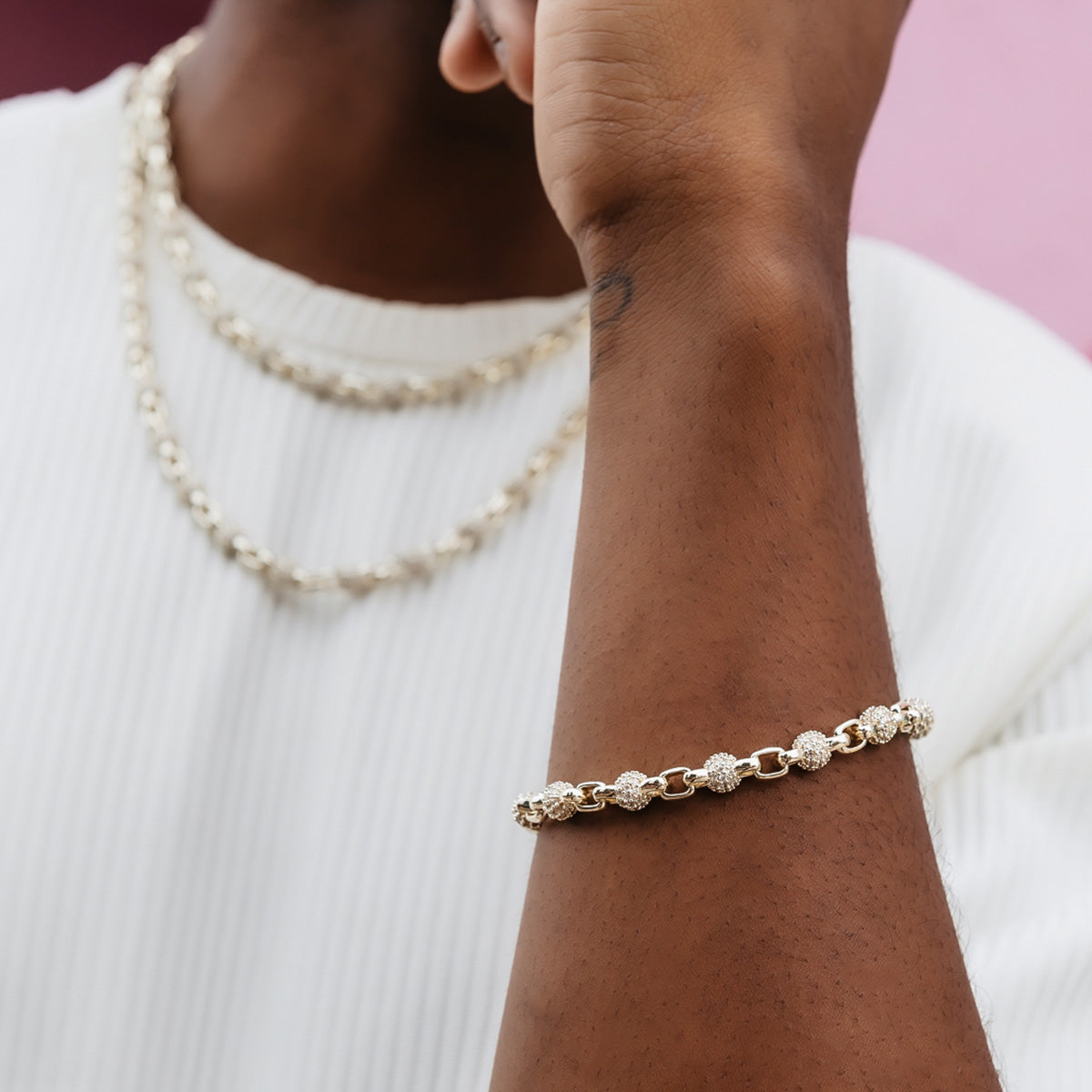 Iced Ball Box Link Chain + Bracelet Bundle in Yellow Gold
