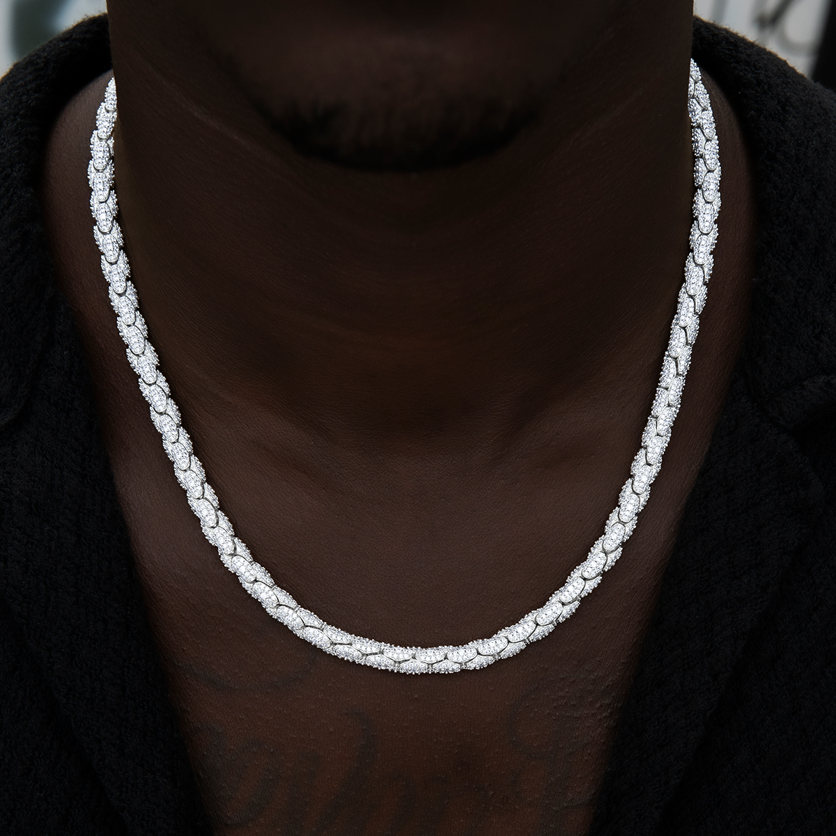 Diamond Pave Snake Link Chain + Bracelet Bundle in White Gold- 6mm