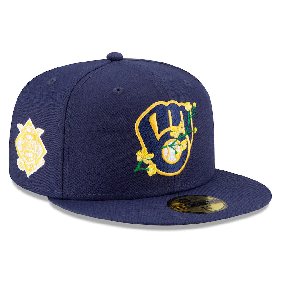Men's Milwaukee Brewers New Era Navy patch Bloom Side Patch 59FIFTY Fitted Hat