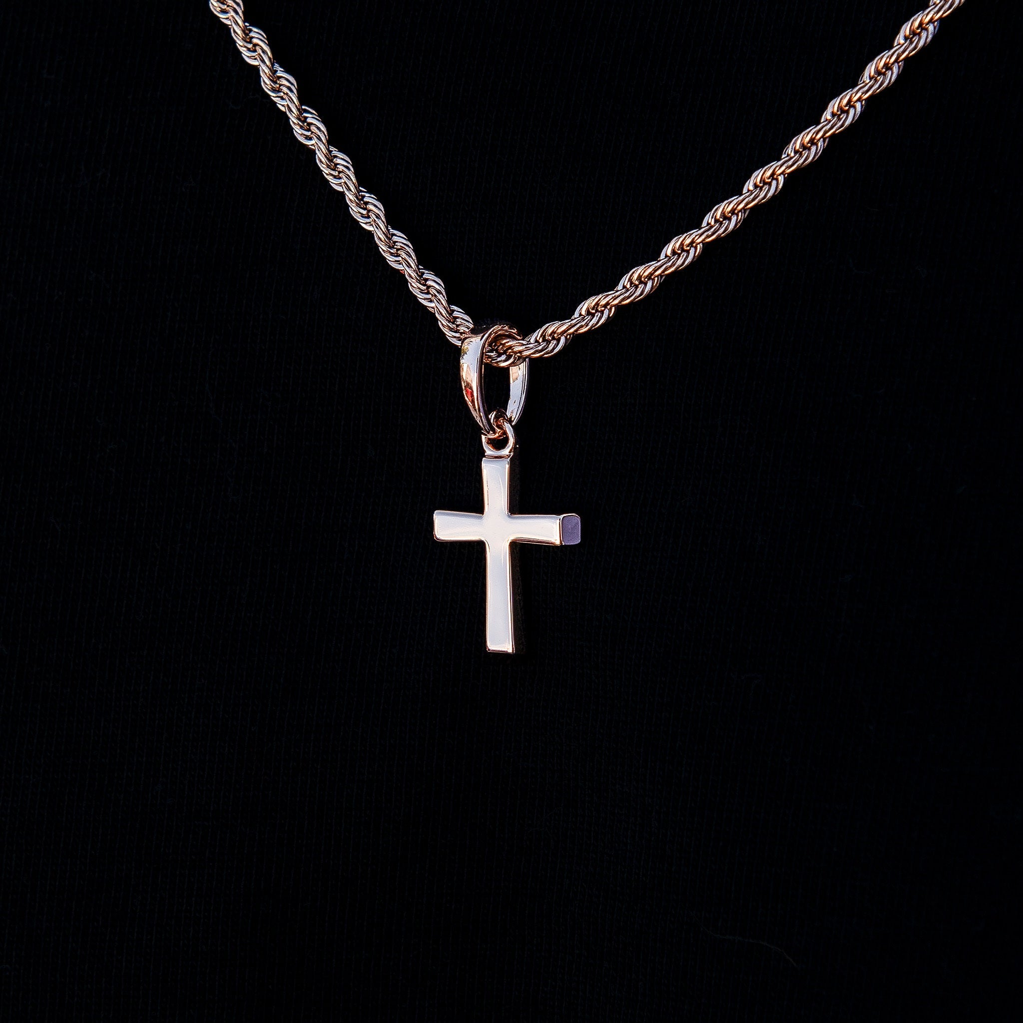 Micro Simple Cross Pendant + 2MM Rope Chain Bundle in Rose Gold