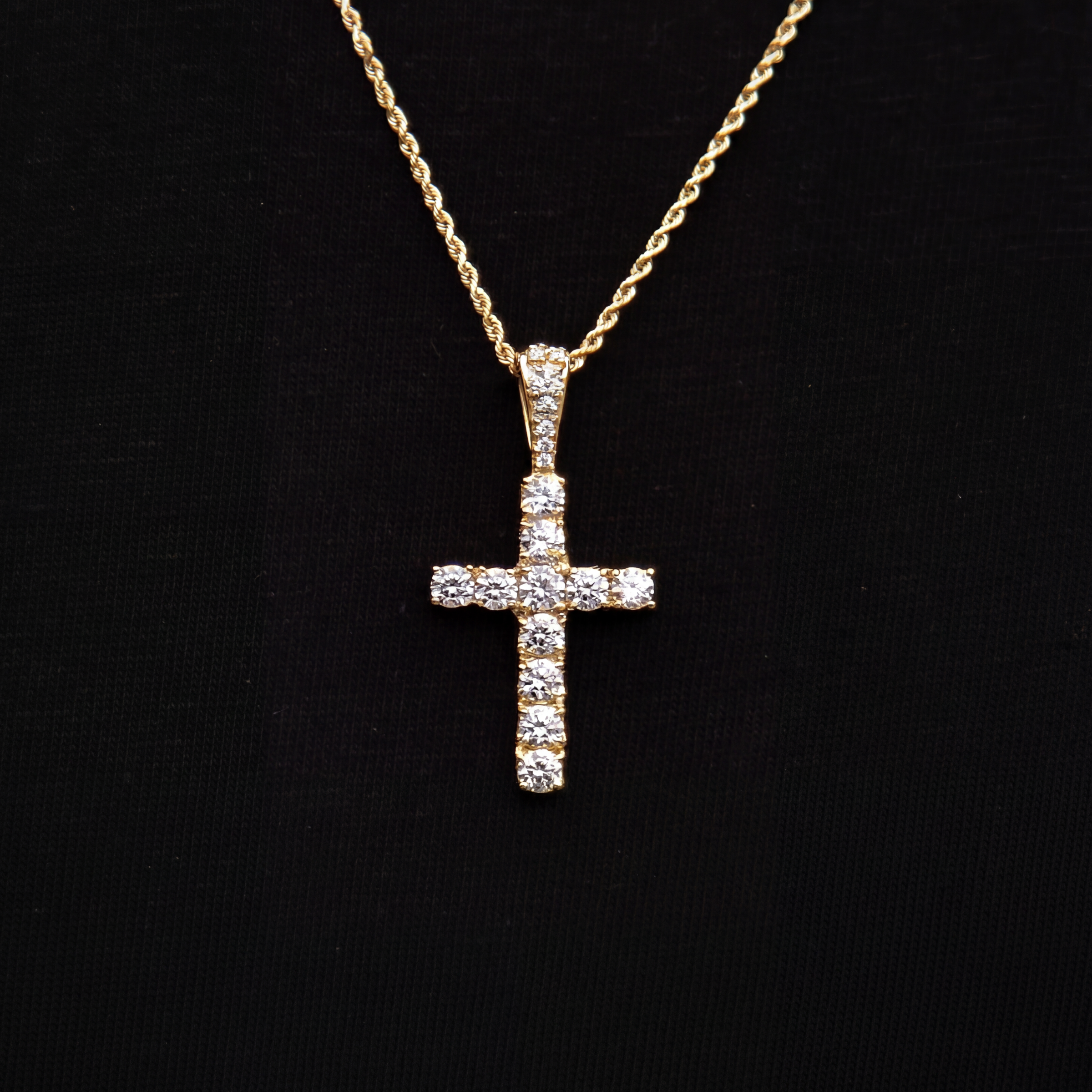 Micro Diamond Cross Pendant + 2MM Rope Chain Bundle in Yellow Gold
