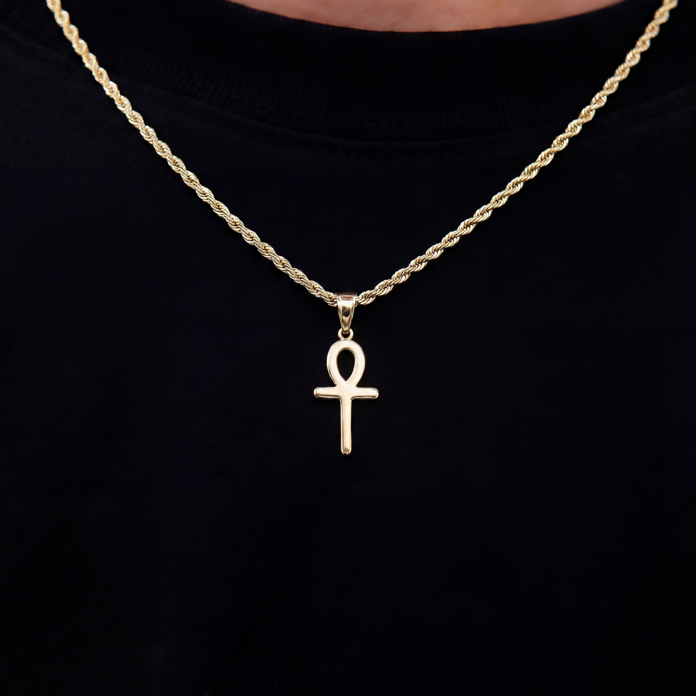 Micro Simple Ankh Cross Pendant + 2MM Rope Chain Bundle in Yellow Gold